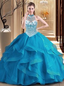 Elegant Blue Halter Top Neckline Beading and Ruffles Vestidos de Quinceanera Sleeveless Lace Up