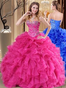 Sweetheart Sleeveless Lace Up Sweet 16 Dresses Hot Pink Organza