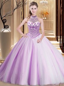 New Arrival Asymmetrical Lilac Dama Dress for Quinceanera Halter Top Sleeveless Brush Train Lace Up