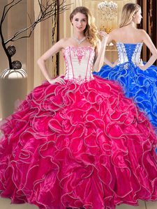 Free and Easy Coral Red Organza Lace Up Strapless Sleeveless Floor Length Quinceanera Dresses Embroidery and Ruffles