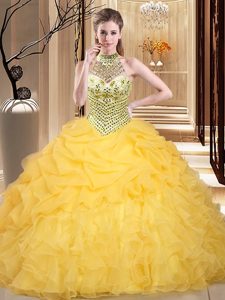 Custom Designed Halter Top Organza Sleeveless Floor Length Quince Ball Gowns and Beading and Ruffles and Pick Ups