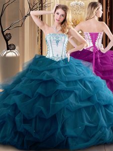 Custom Design Sleeveless Tulle Floor Length Lace Up 15 Quinceanera Dress in Teal for with Embroidery and Ruffled Layers