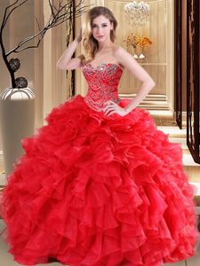 Floor Length Ball Gowns Sleeveless Red Ball Gown Prom Dress Lace Up