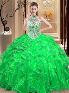 Ball Gowns Organza Halter Top Sleeveless Beading and Ruffles Floor Length Lace Up Sweet 16 Dresses