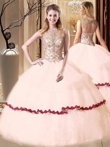 Scoop Floor Length Peach Damas Dress Tulle Sleeveless Beading and Appliques