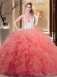 Clearance Watermelon Red and Orange Sleeveless Embroidery and Ruffled Layers Floor Length Sweet 16 Quinceanera Dress