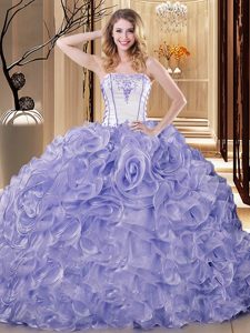 Flare Lavender Quinceanera Gown Military Ball and Sweet 16 and Quinceanera and For with Embroidery and Ruffles Strapless Sleeveless Lace Up