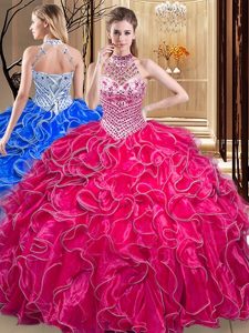 Perfect Hot Pink Halter Top Lace Up Beading and Ruffles Quinceanera Dresses Sleeveless