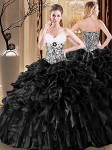 Attractive Black Ball Gowns Ruffles and Pattern Sweet 16 Quinceanera Dress Lace Up Organza Sleeveless Floor Length
