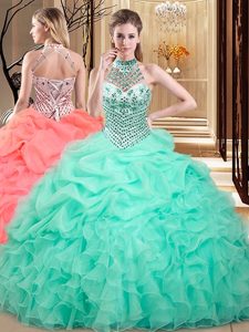 Captivating Halter Top Apple Green Organza Lace Up Quinceanera Dama Dress Sleeveless Floor Length Beading and Ruffles and Pick Ups