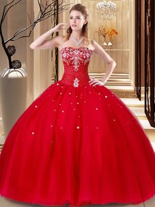 Lovely Floor Length Lace Up Quinceanera Dresses Red and In for Military Ball and Sweet 16 and Quinceanera with Beading and Embroidery