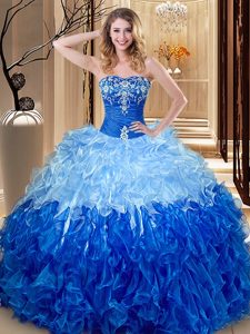 Discount Floor Length Lace Up Quinceanera Gowns Multi-color and Blue And White and In for Military Ball and Sweet 16 and Quinceanera with Embroidery and Ruffles