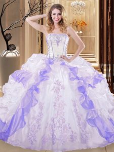White And Purple Organza Lace Up Quince Ball Gowns Sleeveless Floor Length Embroidery and Ruffled Layers
