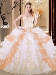Custom Made White and Yellow Sleeveless Floor Length Embroidery and Ruffled Layers Lace Up 15th Birthday Dress