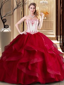 Customized Floor Length Ball Gowns Sleeveless Wine Red Quince Ball Gowns Lace Up