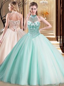 Exquisite Halter Top Sleeveless Brush Train Lace Up Sweet 16 Dresses Aqua Blue Tulle