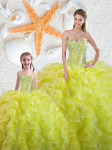 Edgy Sleeveless Organza Floor Length Lace Up 15th Birthday Dress in Yellow Green for with Beading and Ruffles