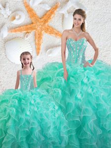 Beauteous Turquoise Sweetheart Lace Up Beading and Ruffles 15 Quinceanera Dress Sleeveless