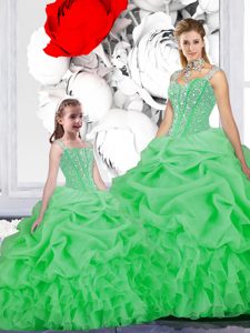 Straps Straps Green Organza Lace Up Sweet 16 Quinceanera Dress Sleeveless Floor Length Beading and Ruffles and Pick Ups