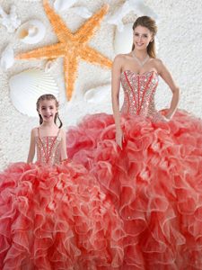 Decent Sleeveless Organza Floor Length Lace Up Vestidos de Quinceanera in Coral Red for with Beading and Ruffles