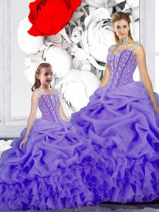 Straps Straps Sleeveless Floor Length Beading and Ruffles and Pick Ups Lace Up Quinceanera Gown with Lavender
