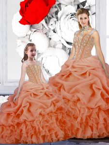 Straps Straps Orange Organza Lace Up Sweet 16 Dress Sleeveless Floor Length Beading and Ruffles and Pick Ups