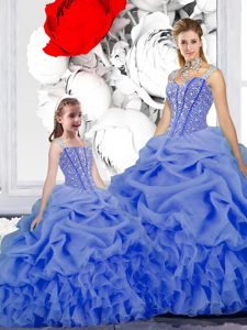 Straps Straps Pick Ups Blue Sleeveless Organza Lace Up Quinceanera Gowns for Military Ball and Sweet 16 and Quinceanera