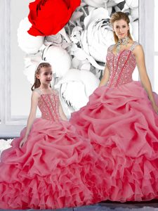 Straps Straps Rose Pink Sleeveless Beading and Ruffles and Pick Ups Floor Length Sweet 16 Dresses