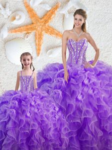 Pretty Floor Length Purple Sweet 16 Quinceanera Dress Organza Sleeveless Beading and Ruffles