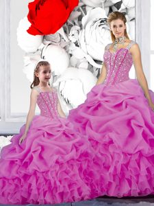 Beauteous Straps Straps Floor Length Fuchsia 15 Quinceanera Dress Organza Sleeveless Beading and Ruffles and Pick Ups