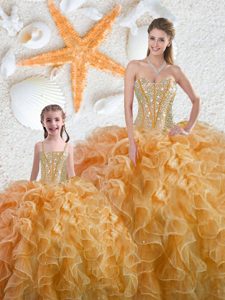 Sleeveless Organza Floor Length Lace Up Sweet 16 Dresses in Yellow for with Beading