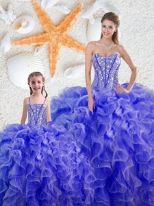 Inexpensive Blue Ball Gowns Sweetheart Sleeveless Organza Floor Length Lace Up Beading and Ruffles 15th Birthday Dress