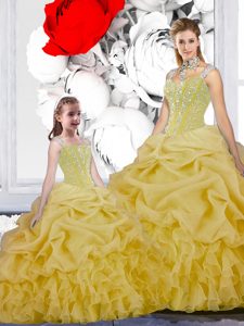 Fabulous Straps Straps Floor Length Yellow Quinceanera Gowns Organza Sleeveless Beading and Ruffles and Pick Ups