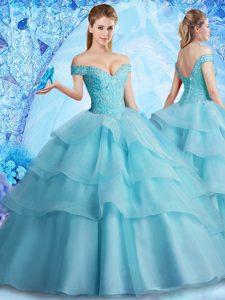 Off the Shoulder Beading and Ruffled Layers Sweet 16 Dress Aqua Blue Lace Up Sleeveless With Brush Train