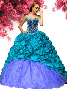 Sleeveless Beading and Pick Ups Lace Up Sweet 16 Dress with Teal Brush Train