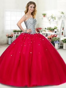 Deluxe Sweetheart Sleeveless Sweet 16 Dress Floor Length Beading Red Tulle