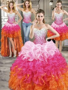 Fitting Four Piece Beading Sweet 16 Dresses Multi-color Lace Up Sleeveless Floor Length