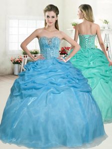 Edgy Pick Ups Baby Blue Sleeveless Organza Lace Up Quinceanera Dresses for Military Ball and Sweet 16 and Quinceanera