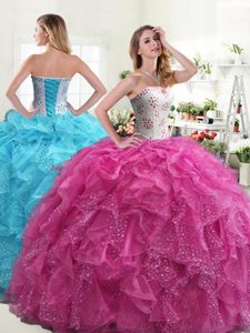 Hot Pink Ball Gowns Organza Sweetheart Sleeveless Beading and Ruffles Floor Length Lace Up Quince Ball Gowns