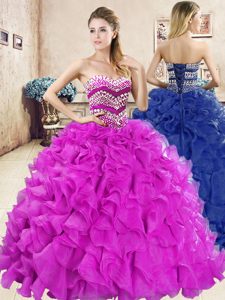 Inexpensive Royal Blue Ball Gowns Organza Sweetheart Sleeveless Beading and Ruffles With Train Lace Up Quinceanera Gowns Sweep Train