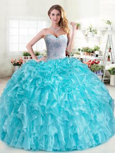 Adorable Sweetheart Sleeveless Lace Up Vestidos de Quinceanera Aqua Blue Organza