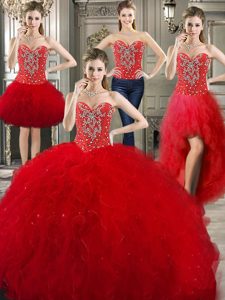 Four Piece Floor Length Red Quinceanera Gown Tulle Sleeveless Beading and Ruffles