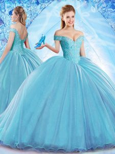 Fantastic Aqua Blue Off The Shoulder Neckline Beading Quinceanera Dresses Sleeveless Lace Up