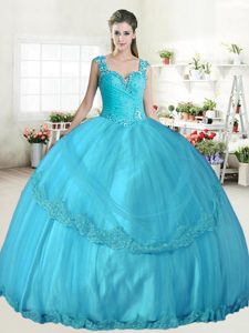 Floor Length Aqua Blue Sweet 16 Quinceanera Dress Straps Sleeveless Lace Up
