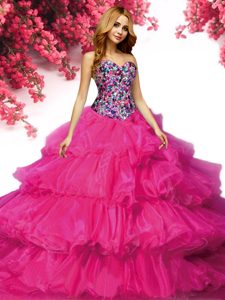 Captivating Fuchsia Organza Lace Up Sweetheart Sleeveless Floor Length 15 Quinceanera Dress Beading and Ruffled Layers