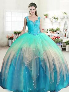 Straps Straps Floor Length Zipper Vestidos de Quinceanera Multi-color and In for Military Ball and Sweet 16 and Quinceanera with Beading and Ruffled Layers