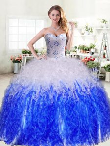 Fine Beading and Ruffles Sweet 16 Dress Blue And White Lace Up Sleeveless Floor Length