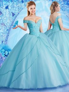 Superior Aqua Blue Tulle Lace Up Off The Shoulder Sleeveless With Train 15 Quinceanera Dress Brush Train Beading