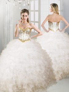 Great Floor Length Lace Up Quinceanera Dress White and In for Military Ball and Sweet 16 and Quinceanera with Ruffles
