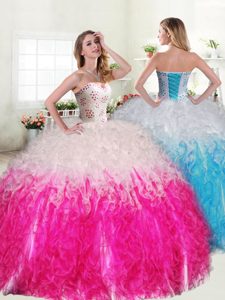 Classical Organza Sweetheart Sleeveless Lace Up Beading and Ruffles Sweet 16 Dress in Pink And White
